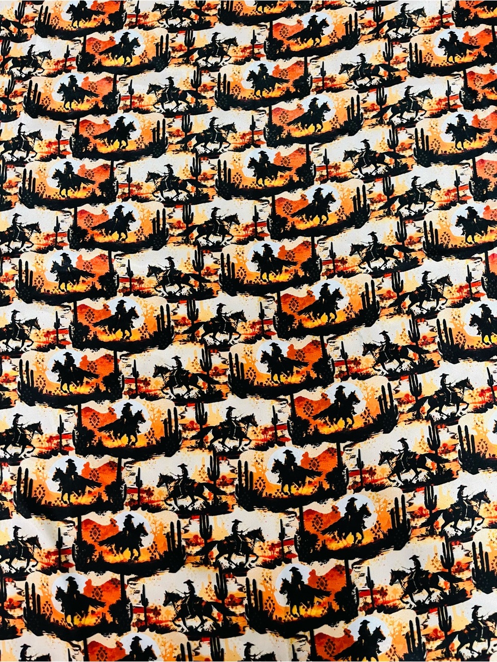 Western Cowboy Print Fabric with horses - Orange Black White